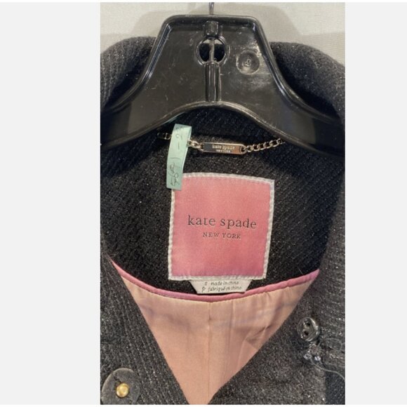 Kate Spade Black Metallic Tweed Wool Blend Coat Jeweled Button Women's S EUC - Picture 2 of 12